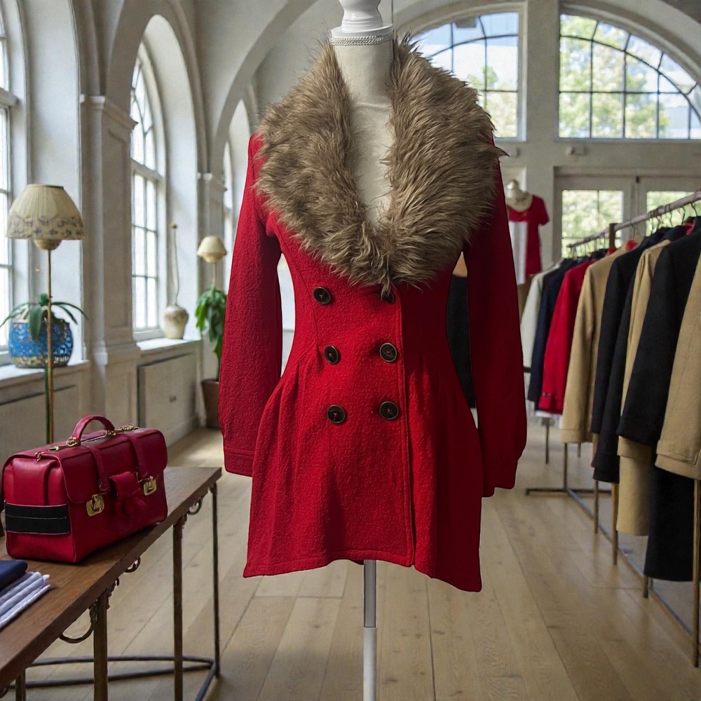 Free People Red Military Style Faux Fur Collar Fit Flare Wool Blend Coat Size 2
